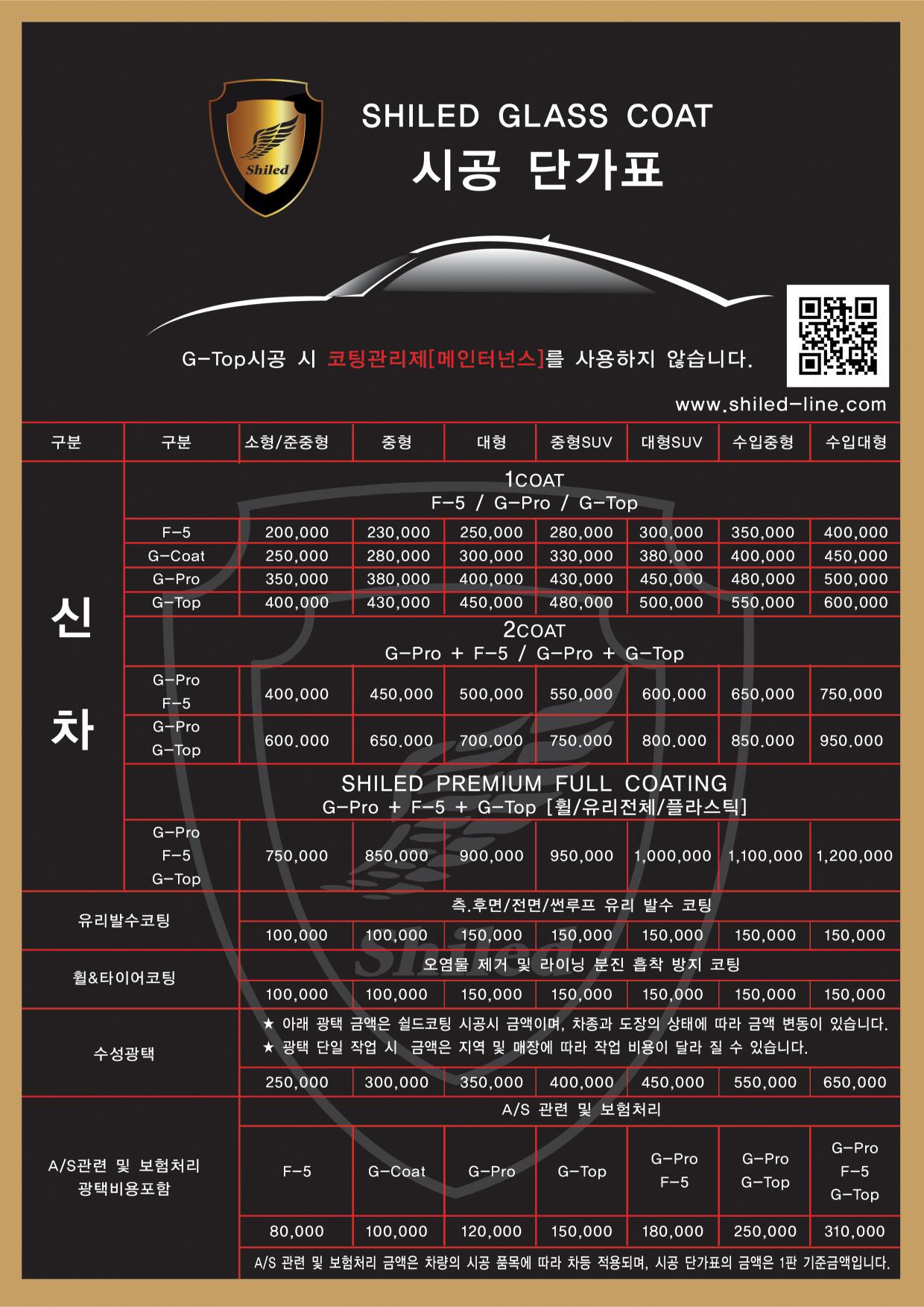 쉴드광택 SHIELD GLASS COAT 시공 단가표 원본 — 신차 1코트·2코트·프리미엄 풀코팅·유리발수·휠타이어·수성광택·A/S 보험처리 차급별 금액