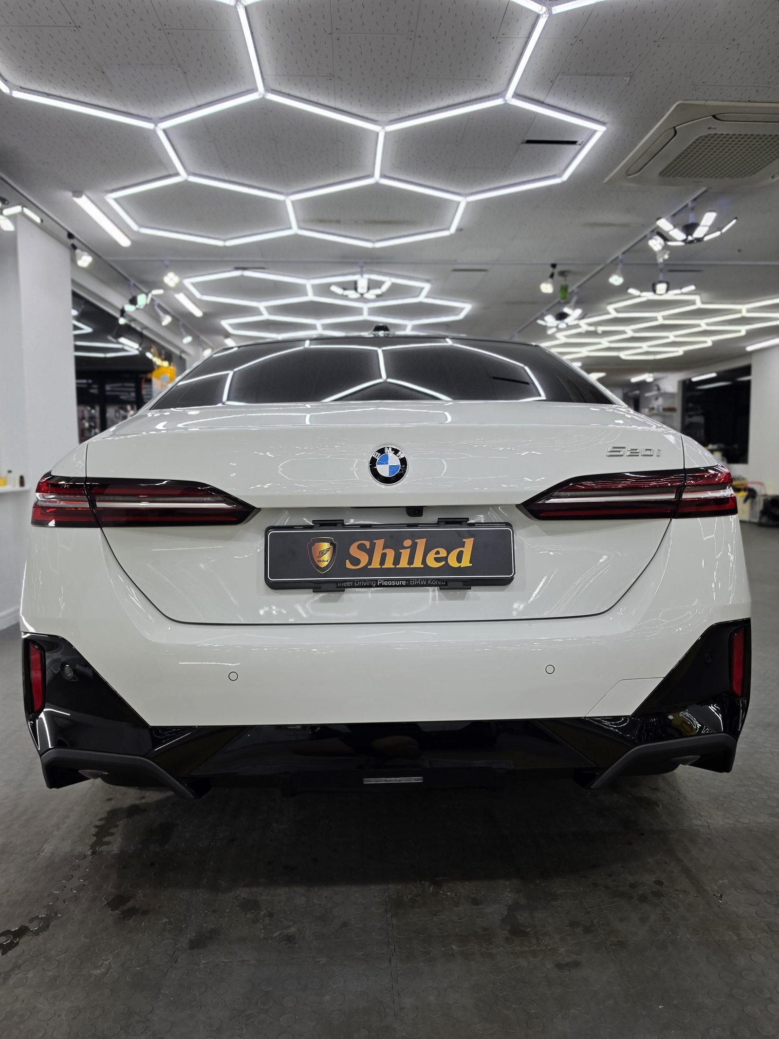 BMW 530i 백색 신차 후면 - 부산 신차 유리막코팅